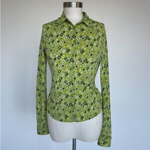 Vtg 90's Green Geo Patterned Collared Button Up Long Sleeve Top / Sz S / LIMITED
